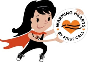 warming hearts by first call logo with heart and character illustration